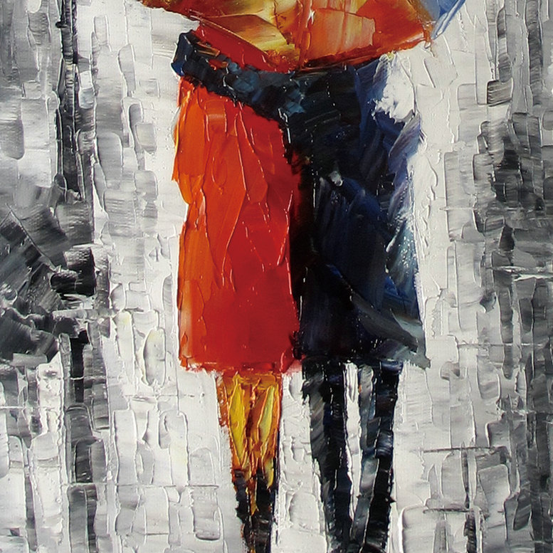 Canvas Art "Lovers under the one umbrella" Palette Knife Painting Black White Red Blue - Click Image to Close